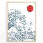 Ladda upp bild till gallerivisning, Minimal Japanese wave illustration with bold blue line art, a large wave, Mount Fuji, and a red sun with Japanese text, framed in black.
