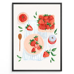 Ladda upp bild till gallerivisning, Strawberry-themed kitchen poster with hand-painted strawberries, jam jar, and wooden spoon on a striped cloth background.
