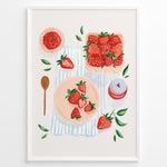 Ladda upp bild till gallerivisning, Strawberry-themed kitchen poster with hand-painted strawberries, jam jar, and wooden spoon on a striped cloth background.
