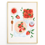 Ladda upp bild till gallerivisning, Strawberry-themed kitchen poster with hand-painted strawberries, jam jar, and wooden spoon on a striped cloth background.
