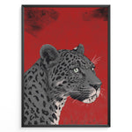 Ladda upp bild till gallerivisning, Illustrated leopard portrait with detailed spots and green eyes on a textured red background, framed in black.
