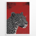 Ladda upp bild till gallerivisning, Illustrated leopard portrait with detailed spots and green eyes on a textured red background, framed in black.
