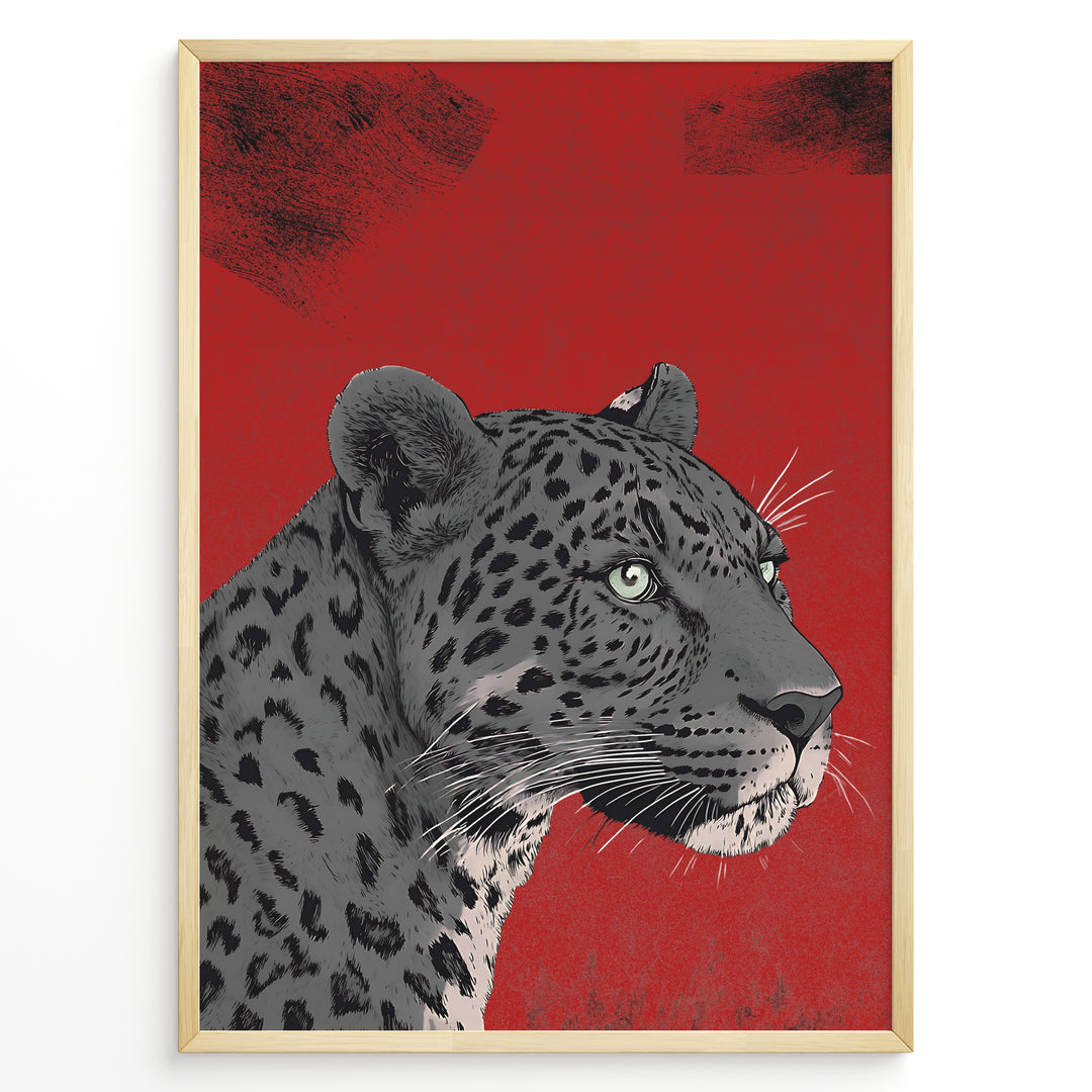 Illustrated leopard portrait with detailed spots and green eyes on a textured red background, framed in black.