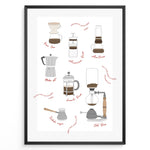 Ladda upp bild till gallerivisning, Illustrated coffee brewing methods poster showing pour-over, moka pot, French press, AeroPress, and cold brew equipment in a black frame.
