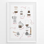 Ladda upp bild till gallerivisning, Illustrated coffee brewing methods poster showing pour-over, moka pot, French press, AeroPress, and cold brew equipment in a white frame.
