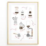 Ladda upp bild till gallerivisning, Illustrated coffee brewing methods poster showing pour-over, moka pot, French press, AeroPress, and cold brew equipment in a golden frame.
