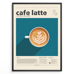 Ladda upp bild till gallerivisning, Cafe latte art print plakat showing a top-view coffee cup with latte foam art on a blue background framed in black.

