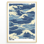 Ladda upp bild till gallerivisning, Japanese-style illustration of blue ocean waves with wabi-sabi text in a minimalist framed poster.
