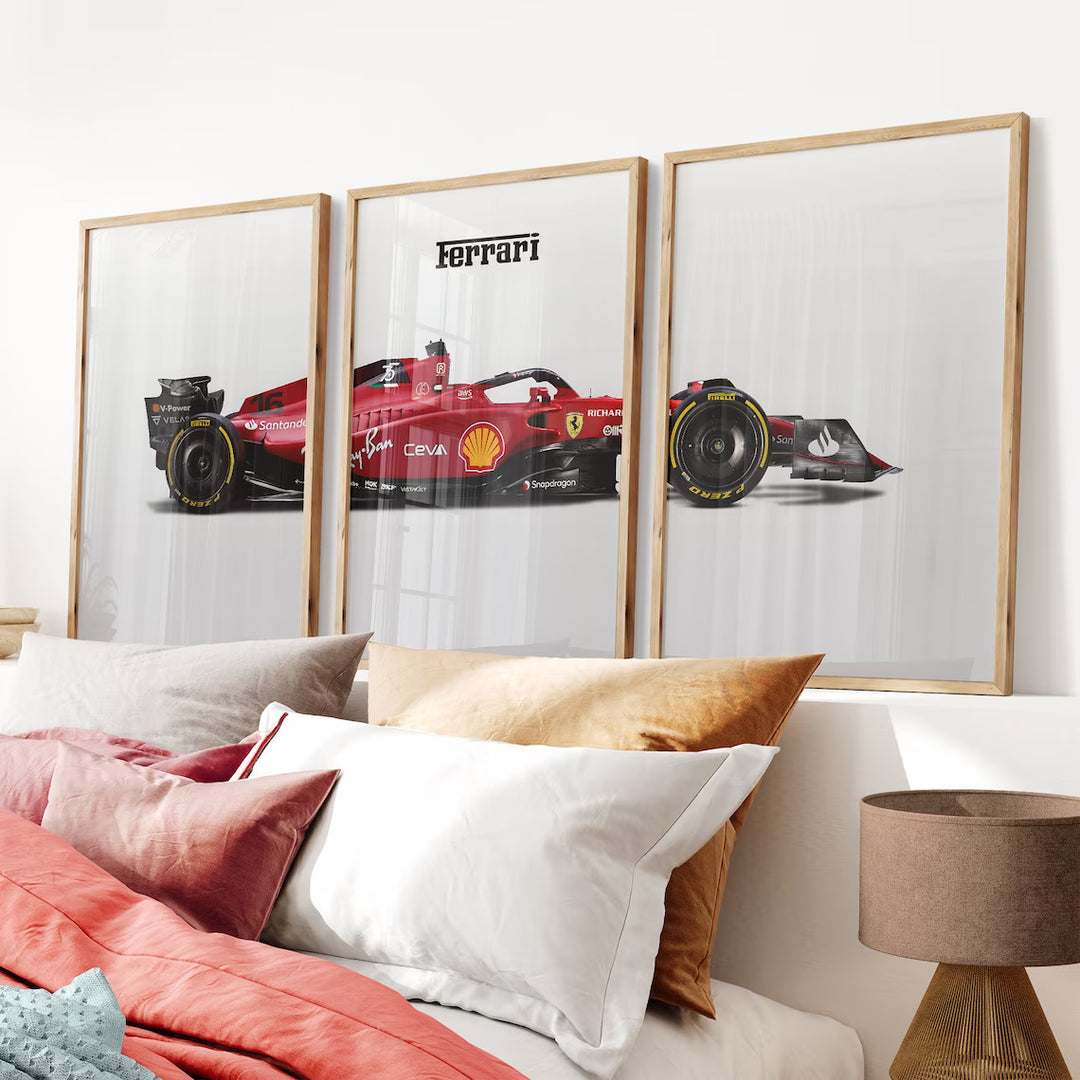 3x Formel 1 Plakater | Ferrari | Sæt af 3 | Dynamisk Racerbil Kunst | Perfekt til Motorsport Fans | Plakaty.dk