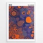 Ladda upp bild till gallerivisning, Abstract poster with orange shapes and purple line patterns on a dark blue background, titled “Silence” with Japanese text, framed in black.
