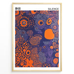 Ladda upp bild till gallerivisning, Abstract poster with orange shapes and purple line patterns on a dark blue background, titled “Silence” with Japanese text, framed in black.
