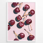 Ladda upp bild till gallerivisning, Cherry art print plakat with hand-painted red cherries and stems on a pink background in a white frame.
