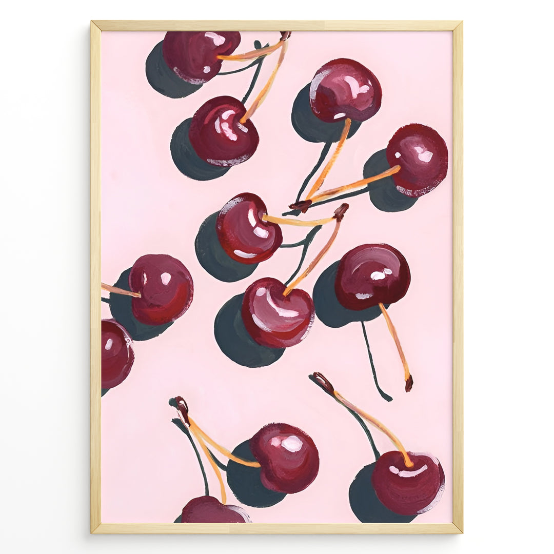 Cherry art print plakat with hand-painted red cherries and stems on a pink background in a golden frame.