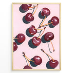 Ladda upp bild till gallerivisning, Cherry art print plakat with hand-painted red cherries and stems on a pink background in a golden frame.
