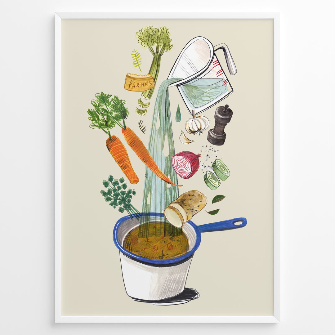 Whimsical vegetable soup illustration plakat showing ingredients like carrots, herbs, and garlic being poured into a cooking pot.