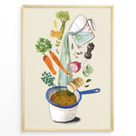 Ladda upp bild till gallerivisning, Whimsical vegetable soup illustration plakat showing ingredients like carrots, herbs, and garlic being poured into a cooking pot.
