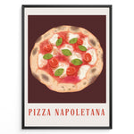 Ladda upp bild till gallerivisning, Italian Pizza Napoletana art print plakat with tomatoes, basil, and cheese on a dark red background framed in black.
