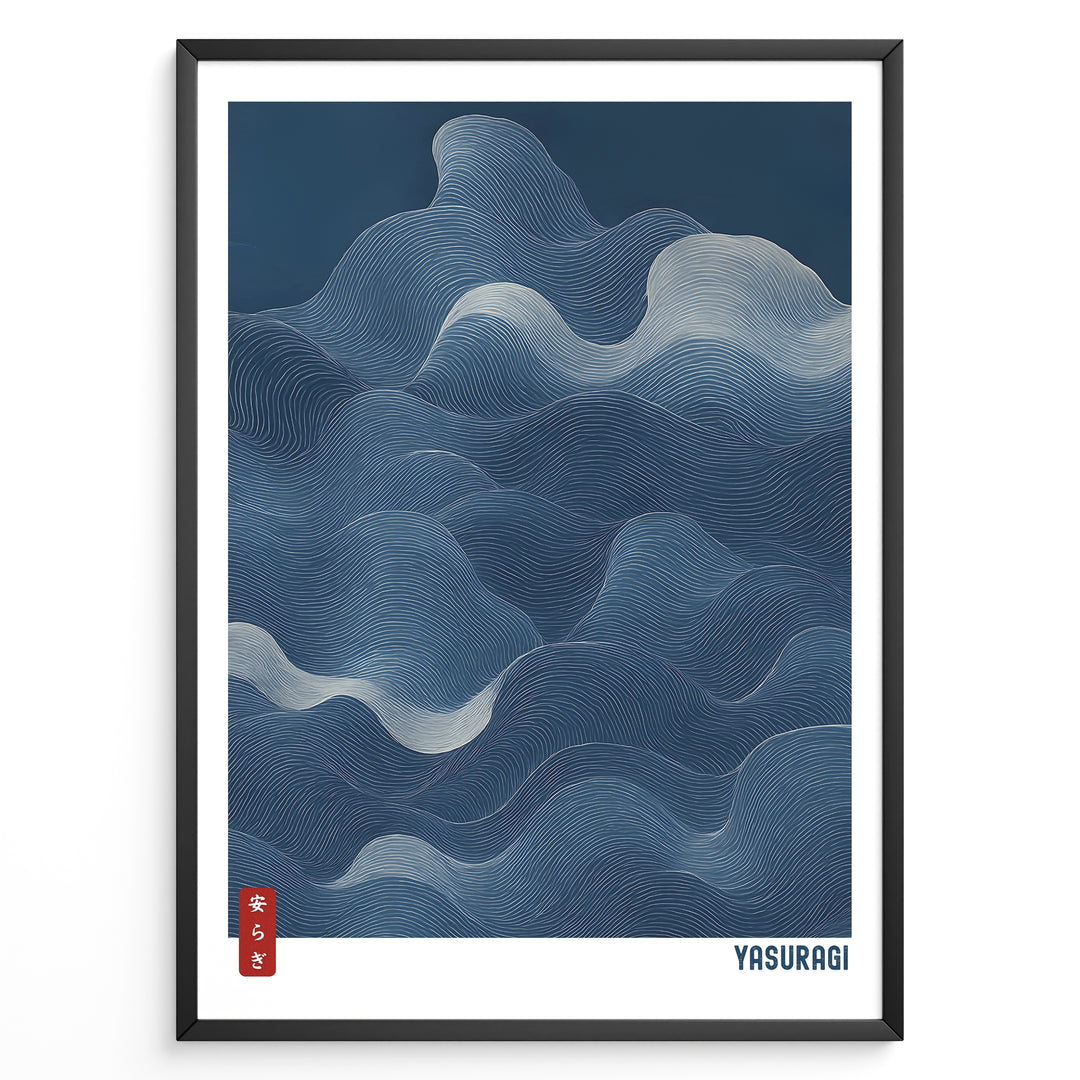 Japanese abstract wave line art in deep blue tones with “Yasuragi” text in a minimalist framed poster.