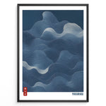 Ladda upp bild till gallerivisning, Japanese abstract wave line art in deep blue tones with “Yasuragi” text in a minimalist framed poster.
