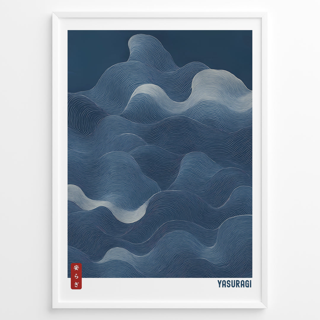 Japanese abstract wave line art in deep blue tones with “Yasuragi” text in a minimalist framed poster.