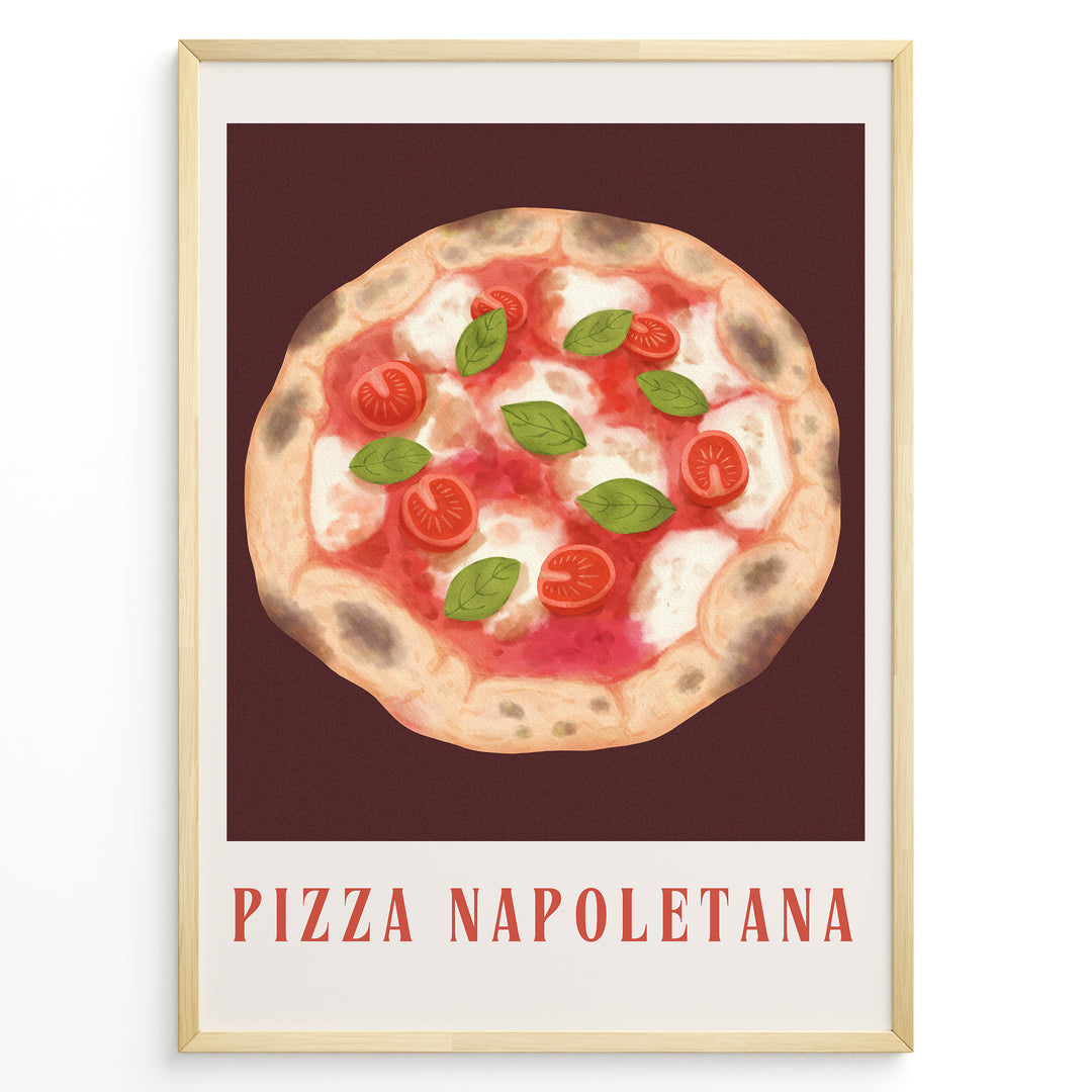 Italian Pizza Napoletana art print plakat with tomatoes, basil, and cheese on a dark red background framed in black.