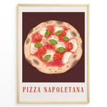 Ladda upp bild till gallerivisning, Italian Pizza Napoletana art print plakat with tomatoes, basil, and cheese on a dark red background framed in black.
