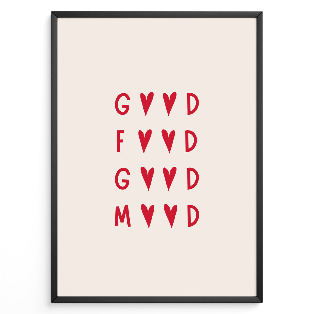 Minimalist wall art print plakat with the red quote “Good Food Good Mood” in heart-shaped typography framed in black on beige background.