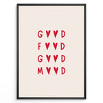 Ladda upp bild till gallerivisning, Minimalist wall art print plakat with the red quote “Good Food Good Mood” in heart-shaped typography framed in black on beige background.
