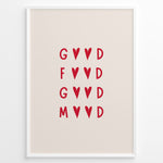 Ladda upp bild till gallerivisning, Minimalist wall art print plakat with the red quote “Good Food Good Mood” in heart-shaped typography framed in black on beige background.
