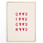 Ladda upp bild till gallerivisning, Minimalist wall art print plakat with the red quote “Good Food Good Mood” in heart-shaped typography framed in black on beige background.
