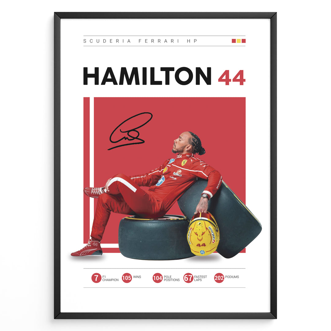 Framed Hamilton 44 Scuderia Ferrari F1 poster showing the driver in a red suit leaning on tires, holding a yellow helmet, with signature and career stats.