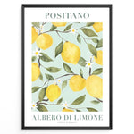 Ladda upp bild till gallerivisning, Positano lemon tree poster with yellow lemons, green leaves, and white flowers on a light blue background in a black frame.
