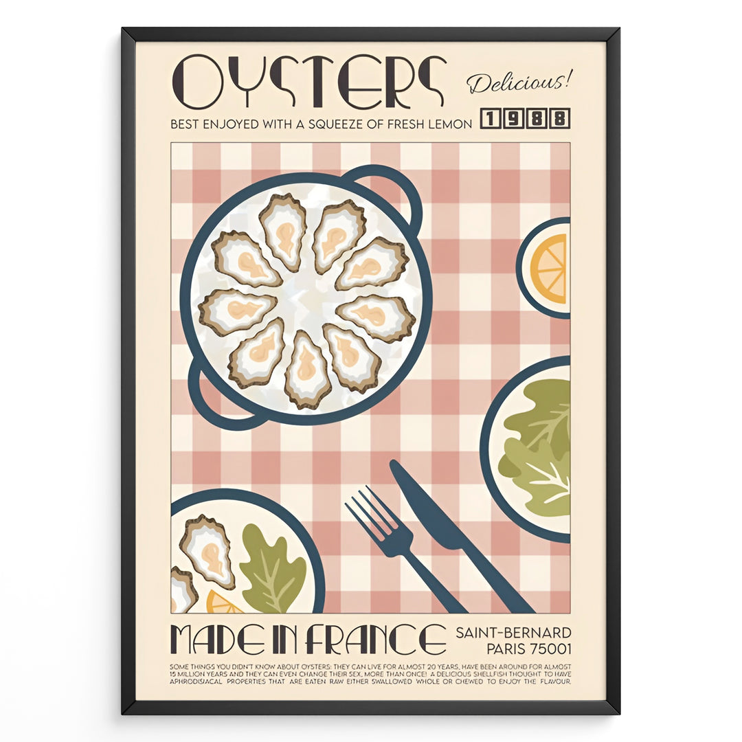 Vintage French oysters poster with illustrated oyster platter, lemon slices, and cutlery on a pink checkered background in a black frame.