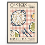 Ladda upp bild till gallerivisning, Vintage French oysters poster with illustrated oyster platter, lemon slices, and cutlery on a pink checkered background in a black frame.
