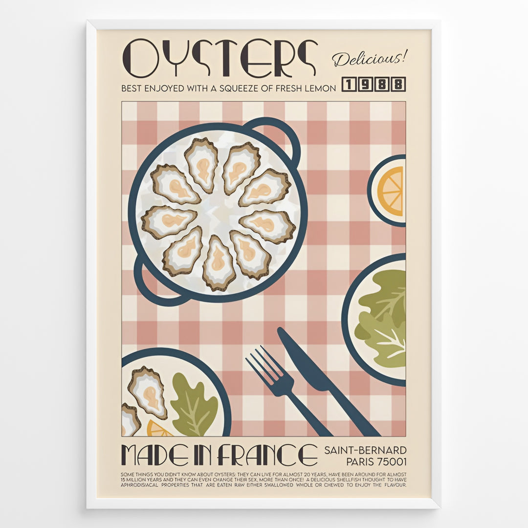 Vintage French oysters poster with illustrated oyster platter, lemon slices, and cutlery on a pink checkered background in a white frame.
