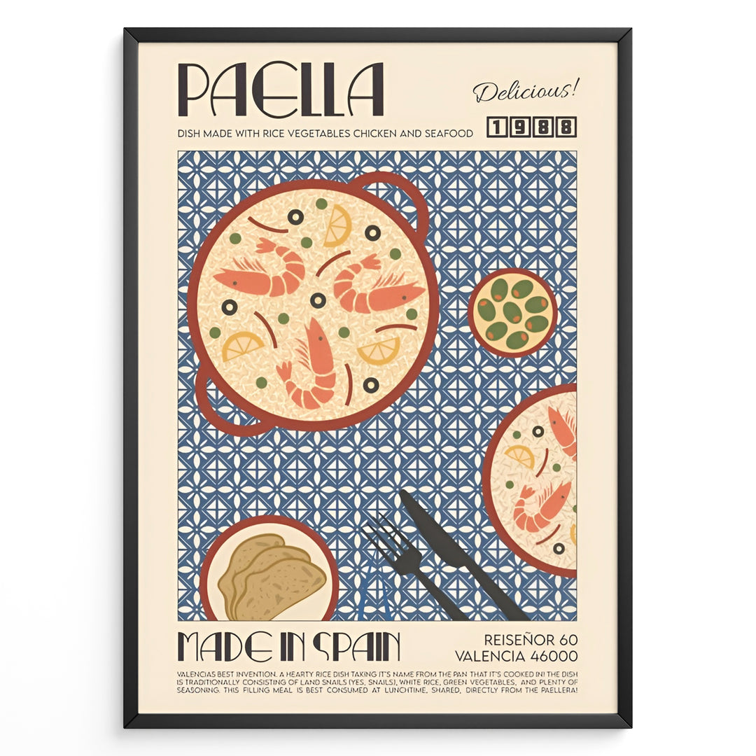 Vintage Spanish paella poster with illustrated pan of rice, prawns, and lemon slices on a blue patterned background in a black frame.