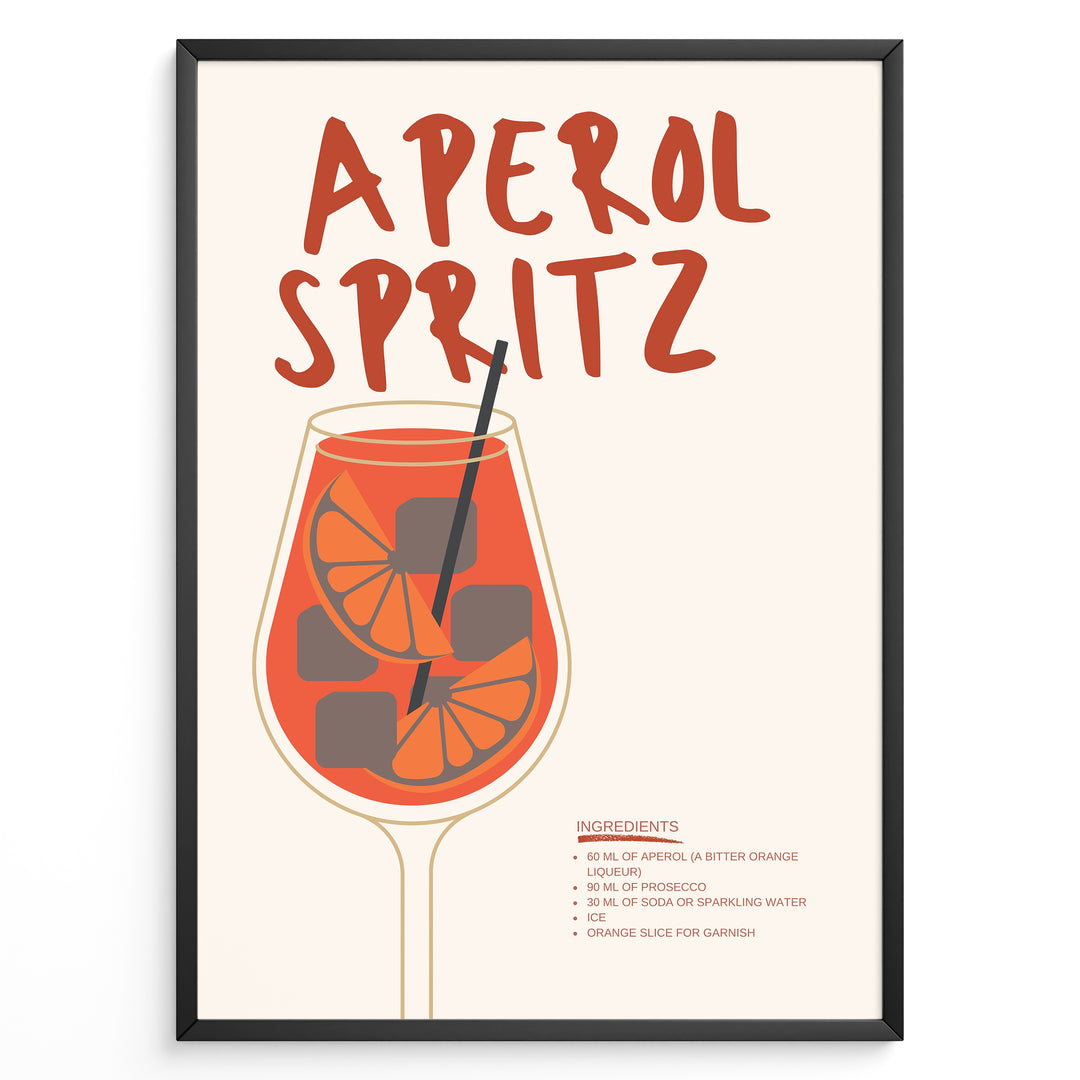 Aperol Spritz cocktail poster with illustrated orange drink, ice cubes, and straw on a cream background in a black frame.