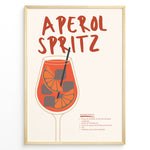 Ladda upp bild till gallerivisning, Aperol Spritz cocktail poster with illustrated orange drink, ice cubes, and straw on a cream background in a golden frame.

