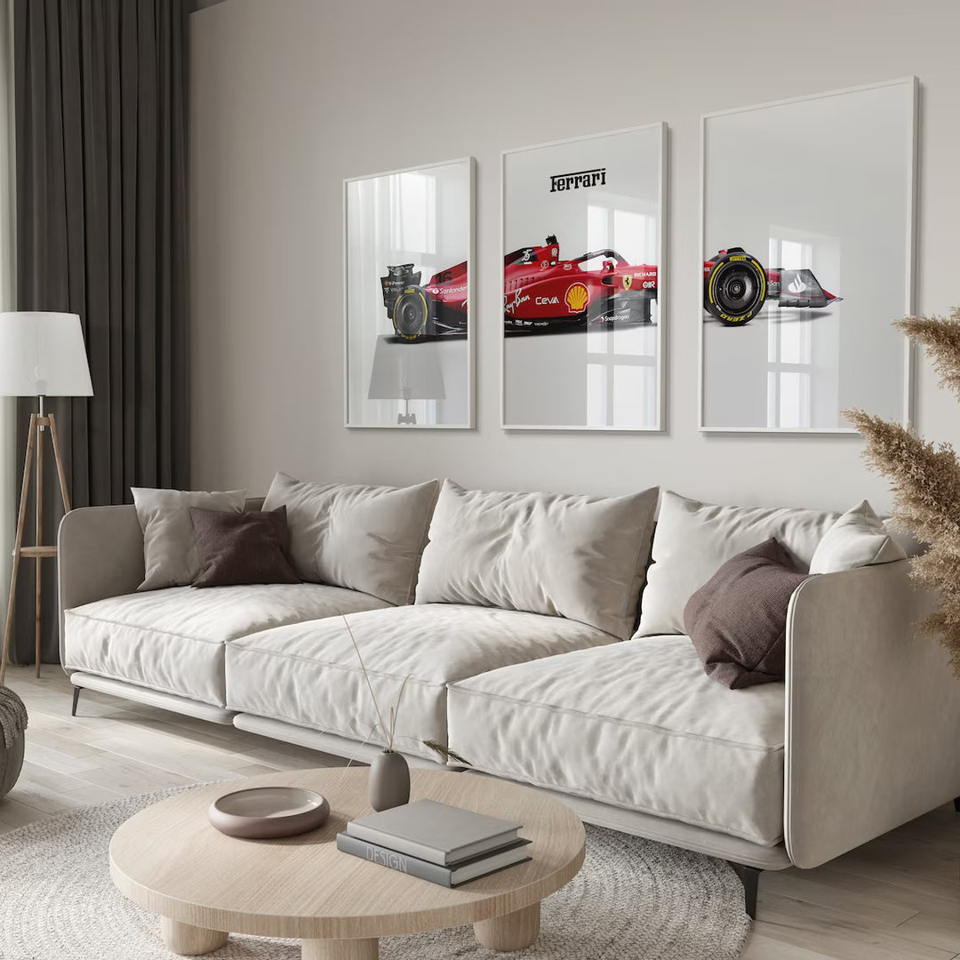 3x Formel 1 Plakater | Ferrari | Sæt af 3 | Dynamisk Racerbil Kunst | Perfekt til Motorsport Fans | Plakaty.dk