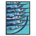 Ladda upp bild till gallerivisning, Modern blue fish art print plakat showing aligned fish with long snouts on a turquoise background framed in black.
