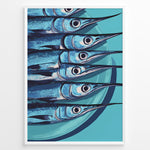 Ladda upp bild till gallerivisning, Modern blue fish art print plakat showing aligned fish with long snouts on a turquoise background framed in black.

