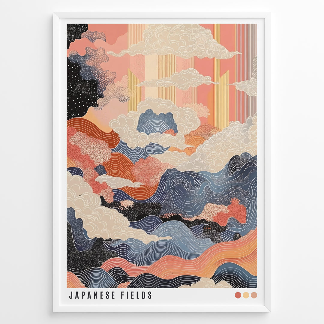 Colorful Japanese abstract landscape with waves, clouds, and textured patterns in a framed poster.