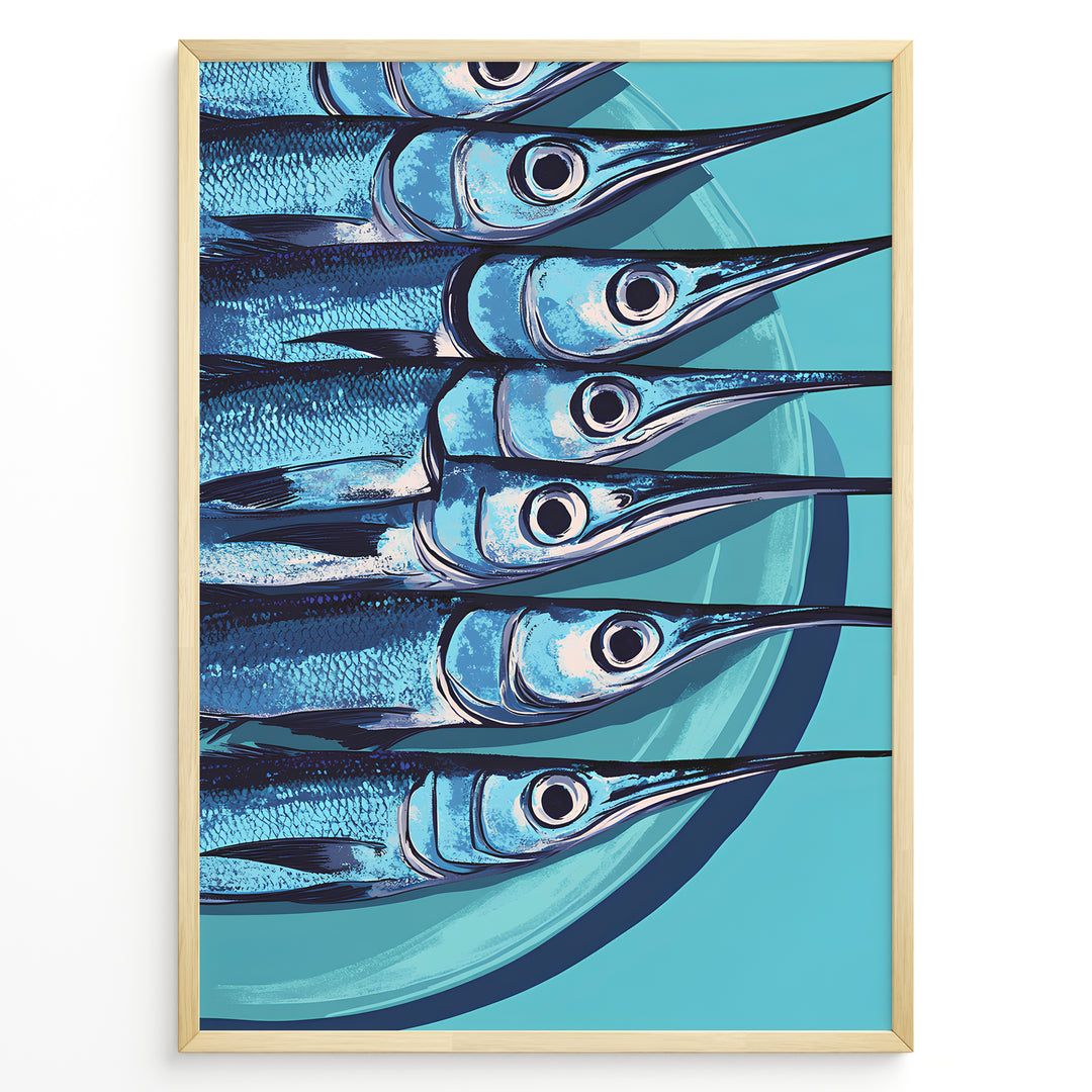 Modern blue fish art print plakat showing aligned fish with long snouts on a turquoise background framed in black.