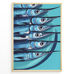 Ladda upp bild till gallerivisning, Modern blue fish art print plakat showing aligned fish with long snouts on a turquoise background framed in black.
