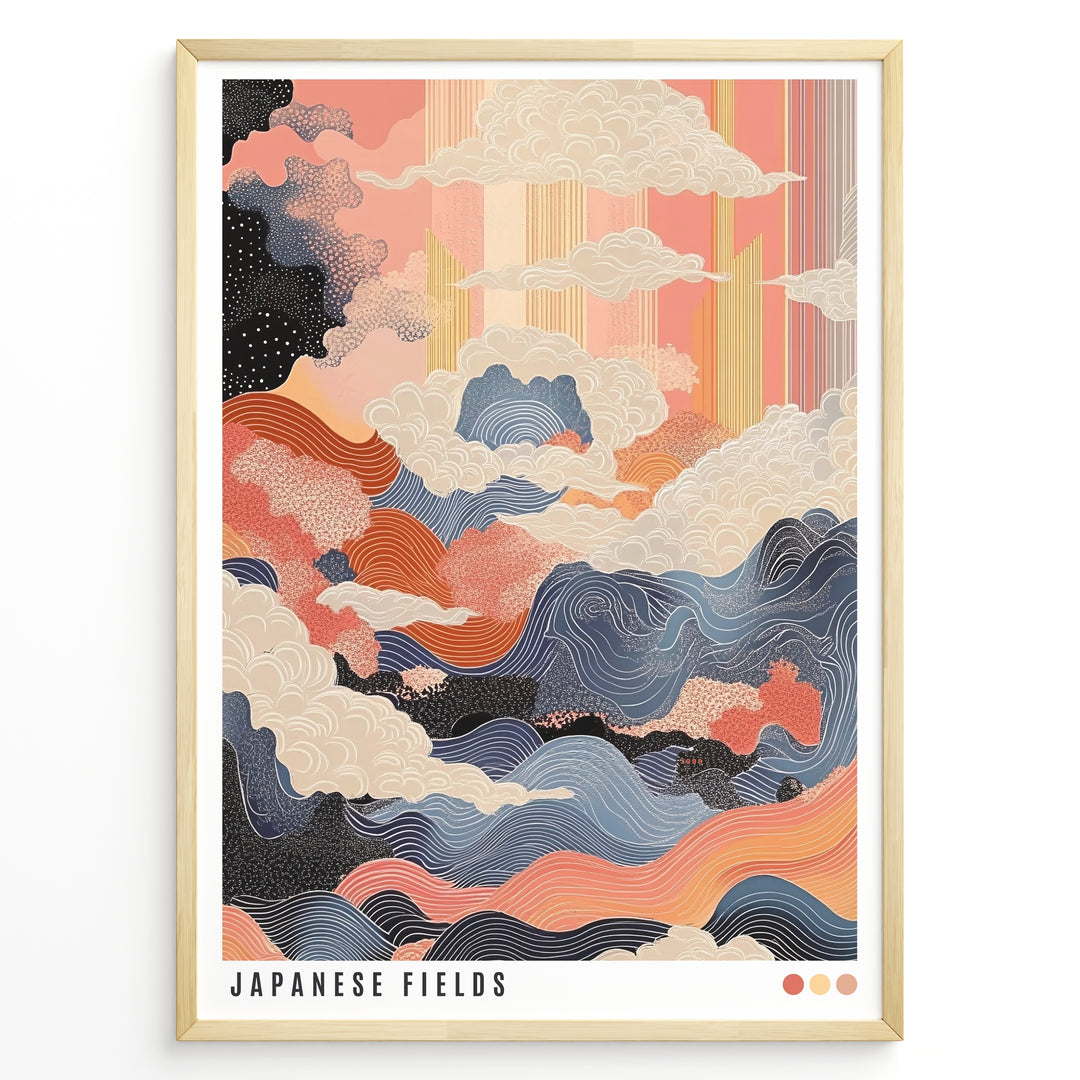 Colorful Japanese abstract landscape with waves, clouds, and textured patterns in a framed poster.