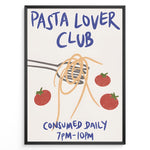 Ladda upp bild till gallerivisning, Pasta Lover Club poster with spaghetti twirled on a fork and red tomatoes, featuring bold blue text on a cream background.
