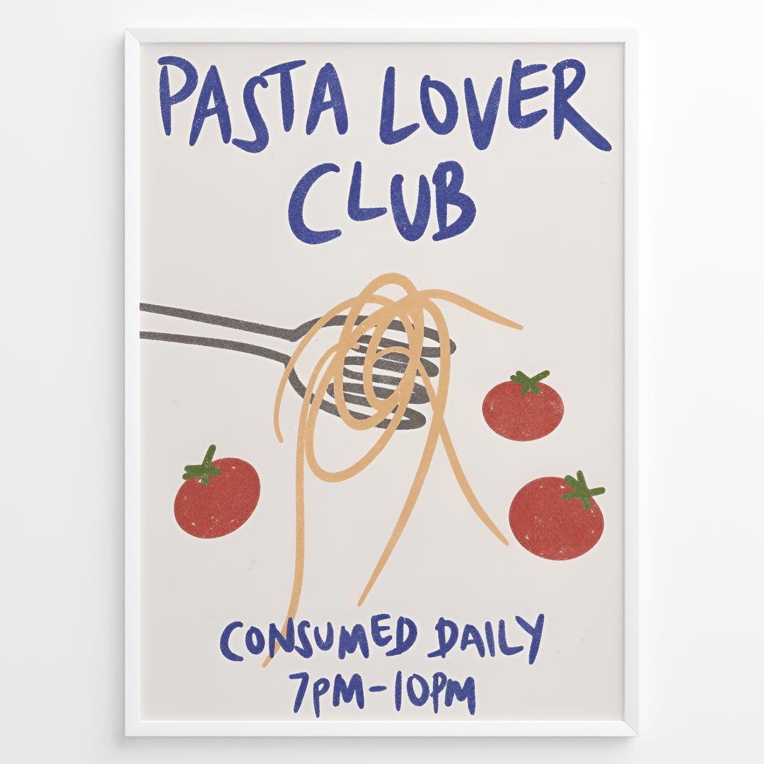 Pasta Lover Club poster with spaghetti twirled on a fork and red tomatoes, featuring bold blue text on a cream background.