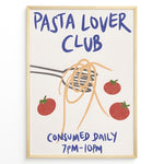Ladda upp bild till gallerivisning, Pasta Lover Club poster with spaghetti twirled on a fork and red tomatoes, featuring bold blue text on a cream background.
