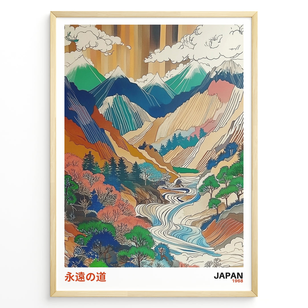 Vintage-style Japanese mountain landscape illustration with rivers, trees, and colorful layered peaks in a framed poster.