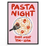 Ladda upp bild till gallerivisning, Pasta Night poster with a hand holding a fork in a plate of spaghetti and tomato sauce on a pink background.
